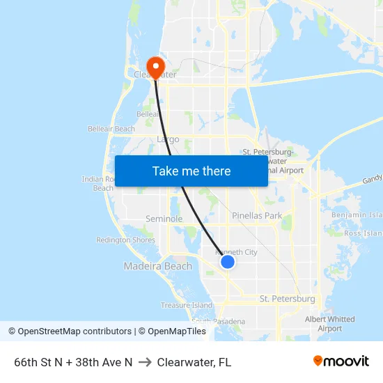 66th St N + 38th Ave N to Clearwater, FL map