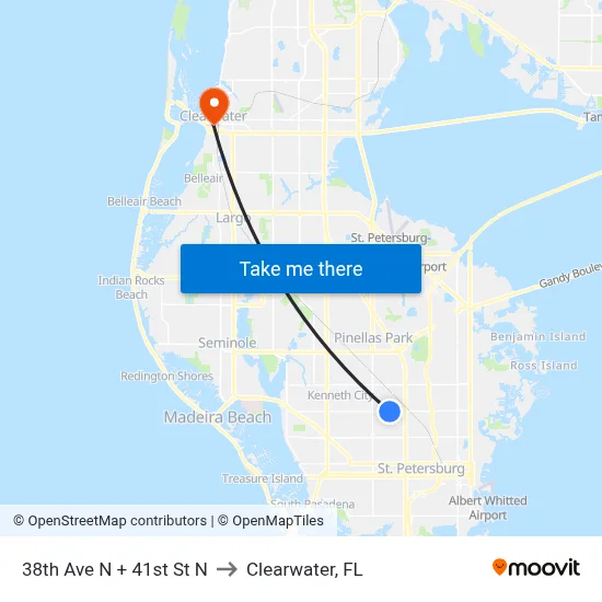 38th Ave N + 41st St N to Clearwater, FL map