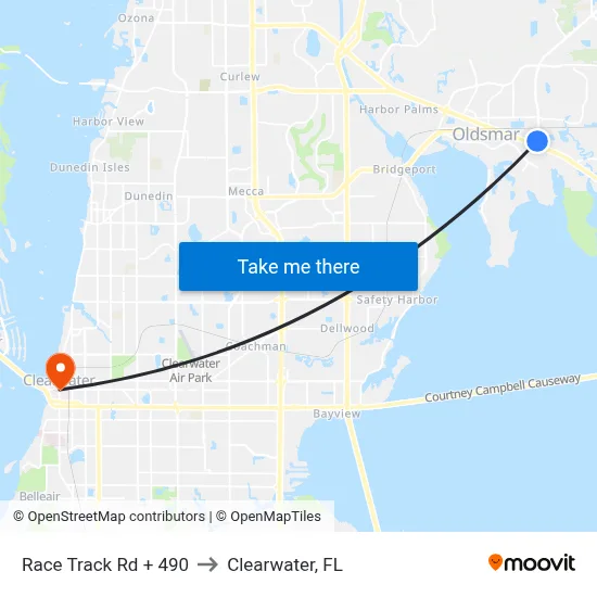 Race Track Rd + 490 to Clearwater, FL map