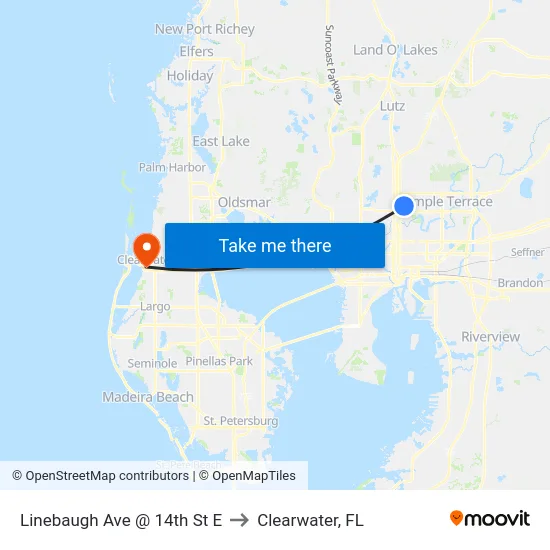 Linebaugh Ave @ 14th St E to Clearwater, FL map