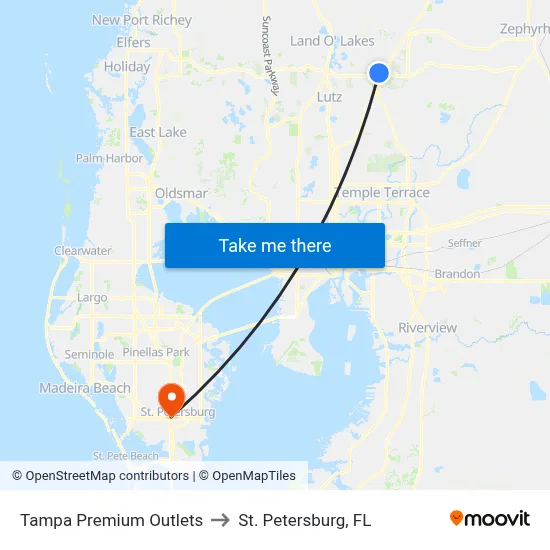 Tampa Premium Outlets to St. Petersburg, FL map