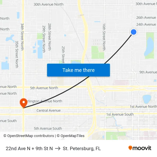 22nd Ave N + 9th St N to St. Petersburg, FL map