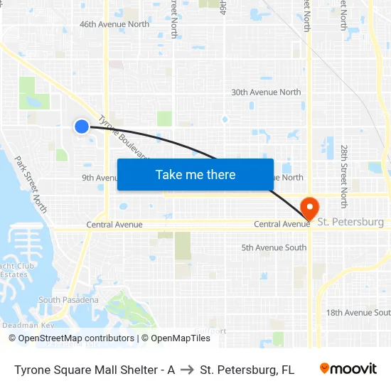 Tyrone Square Mall Shelter - A to St. Petersburg, FL map