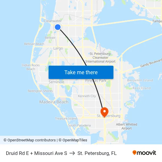 Druid Rd E + Missouri Ave S to St. Petersburg, FL map