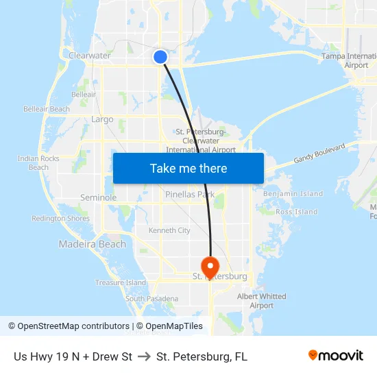 Us Hwy 19 N + Drew St to St. Petersburg, FL map