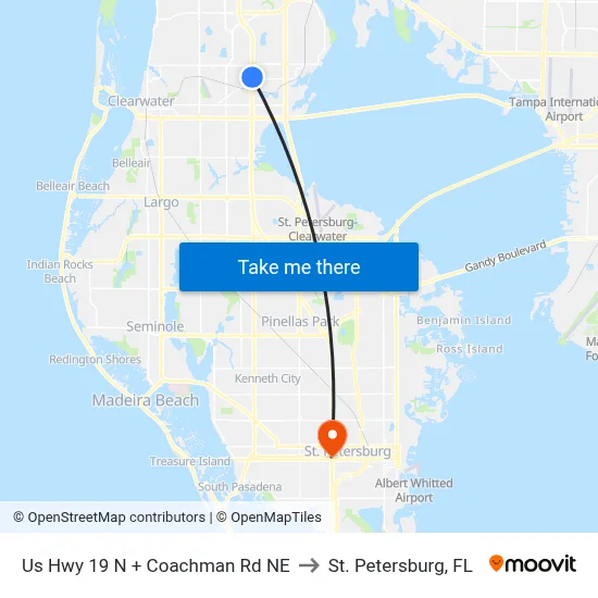 Us Hwy 19 N + Coachman Rd NE to St. Petersburg, FL map