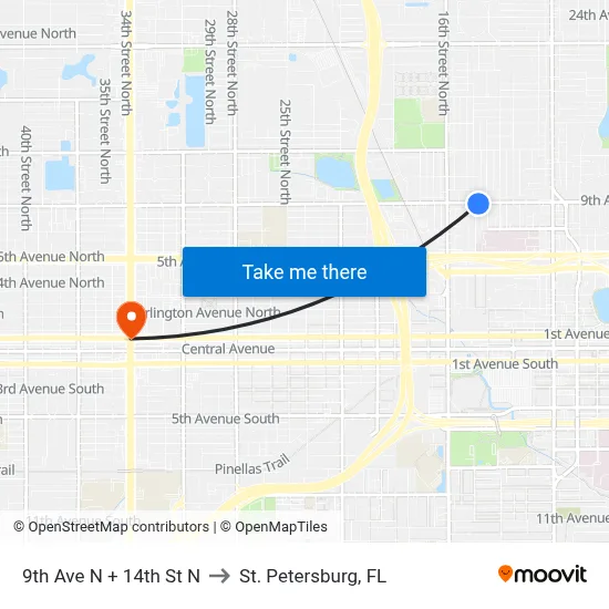 9th Ave N + 14th St N to St. Petersburg, FL map