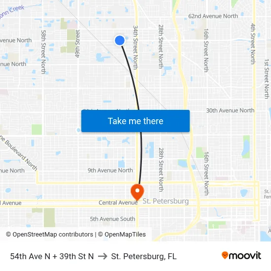 54th Ave N + 39th St N to St. Petersburg, FL map