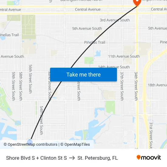 Shore Blvd S + Clinton St S to St. Petersburg, FL map