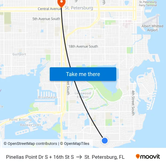 Pinellas Point Dr S + 16th St S to St. Petersburg, FL map