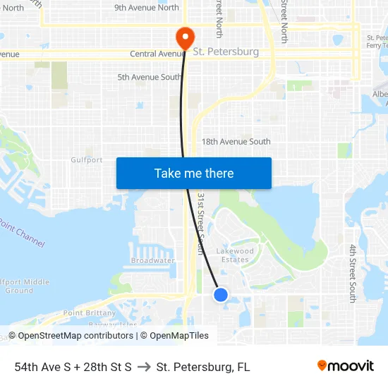 54th Ave S + 28th St S to St. Petersburg, FL map