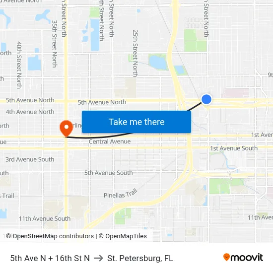5th Ave N + 16th St N to St. Petersburg, FL map