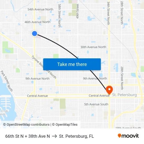 66th St N + 38th Ave N to St. Petersburg, FL map