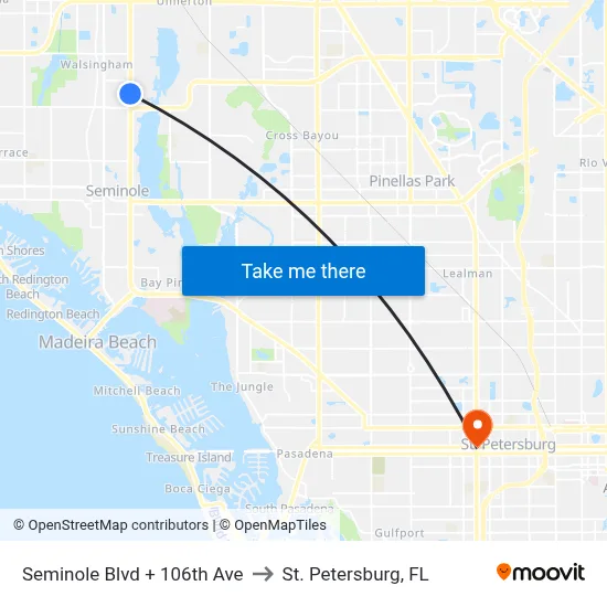Seminole Blvd + 106th Ave to St. Petersburg, FL map