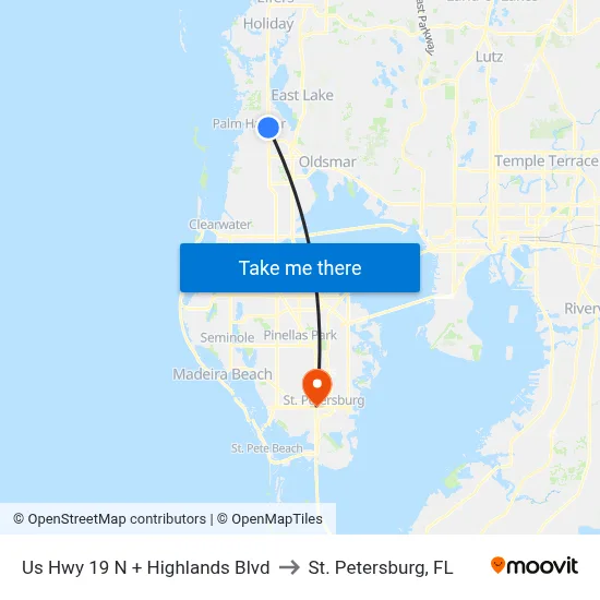 Us Hwy 19 N + Highlands Blvd to St. Petersburg, FL map