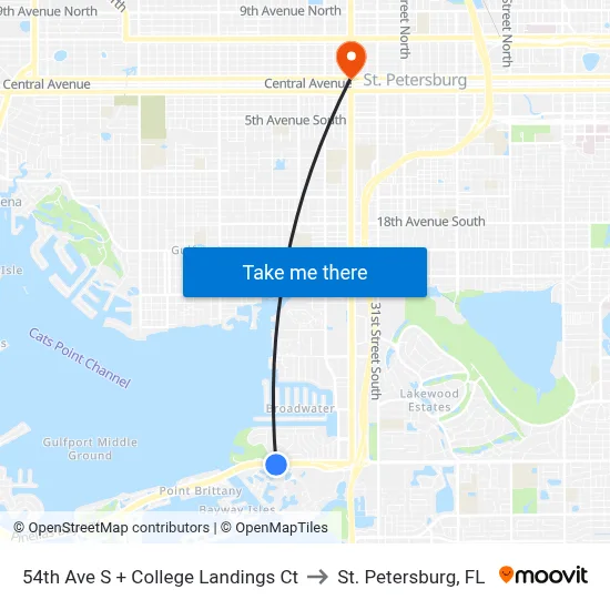 54th Ave S + College Landings Ct to St. Petersburg, FL map