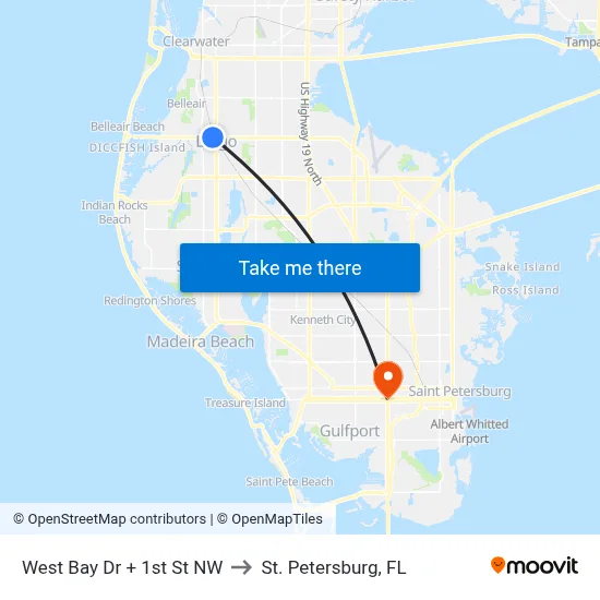 West Bay Dr + 1st St NW to St. Petersburg, FL map