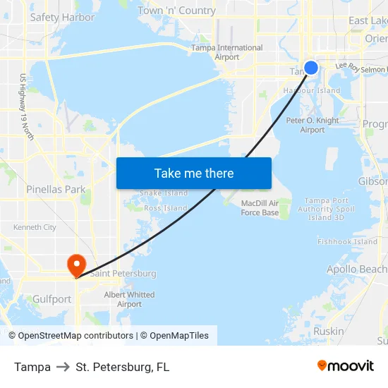Tampa to St. Petersburg, FL map
