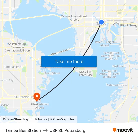 Tampa Bus Station to USF St. Petersburg map