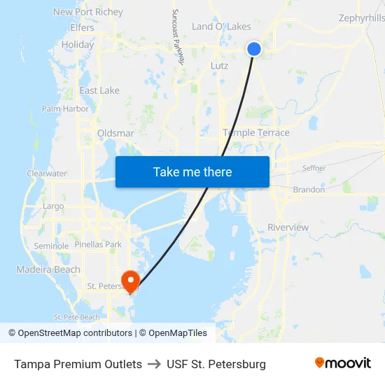 Tampa Premium Outlets to USF St. Petersburg map