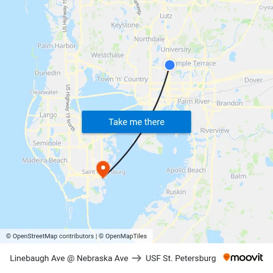 Linebaugh Ave @ Nebraska Ave to USF St. Petersburg map