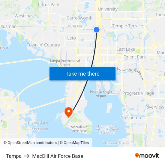 Tampa to MacDill Air Force Base map