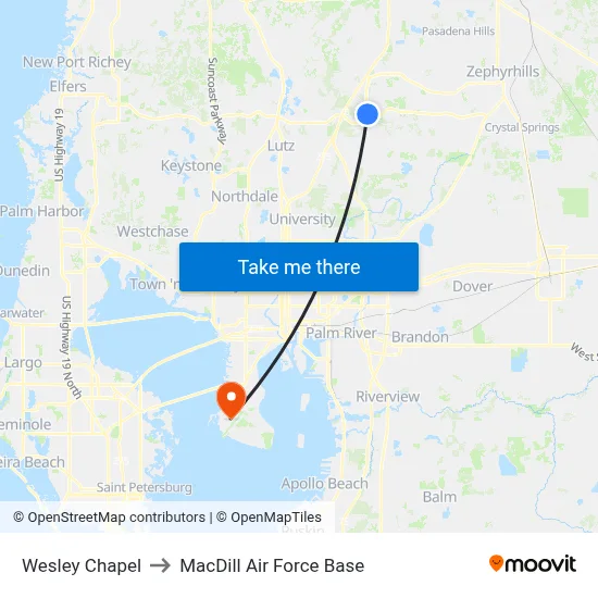 Wesley Chapel to MacDill Air Force Base map