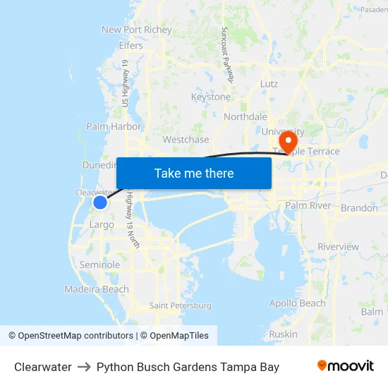 Clearwater to Python Busch Gardens Tampa Bay map