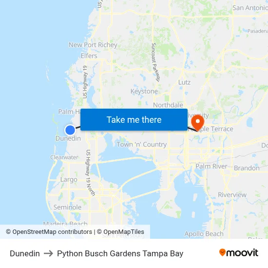 Dunedin to Python Busch Gardens Tampa Bay map