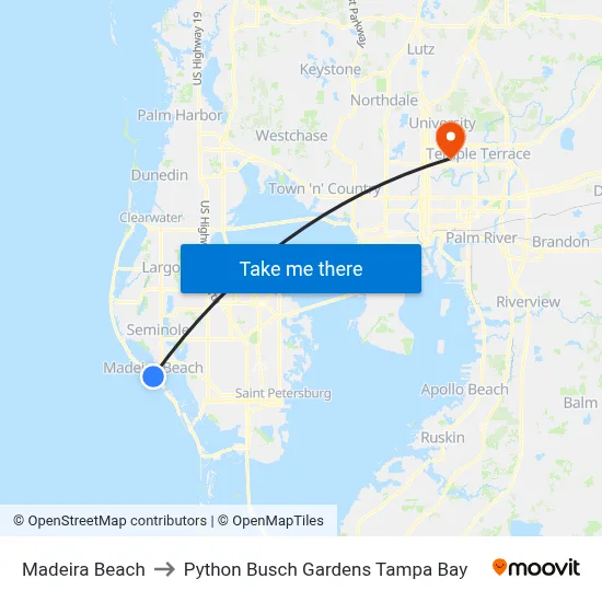 Madeira Beach to Python Busch Gardens Tampa Bay map
