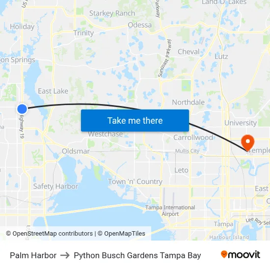 Palm Harbor to Python Busch Gardens Tampa Bay map