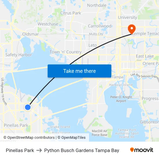 Pinellas Park to Python Busch Gardens Tampa Bay map