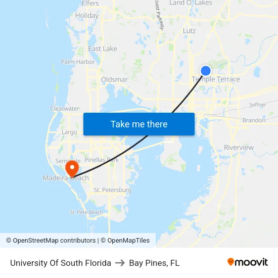 University Of South Florida to Bay Pines, FL map