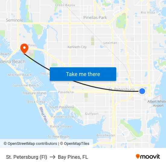St. Petersburg (Fl) to Bay Pines, FL map
