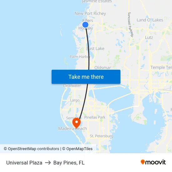 Universal Plaza to Bay Pines, FL map