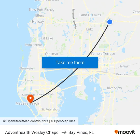 Adventhealth Wesley Chapel to Bay Pines, FL map