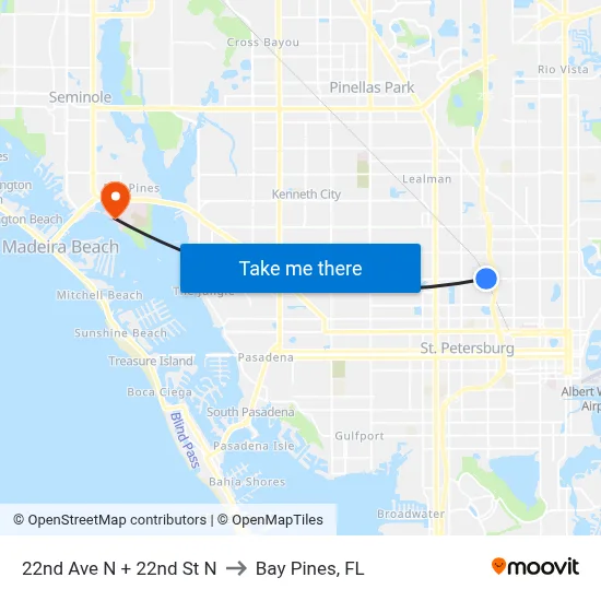 22nd Ave N + 22nd St N to Bay Pines, FL map