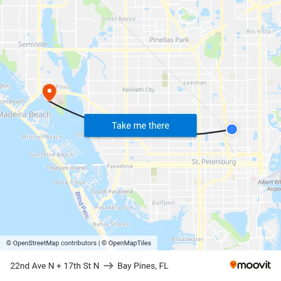 22nd Ave N + 17th St N to Bay Pines, FL map