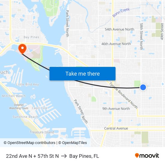 22nd Ave N + 57th St N to Bay Pines, FL map