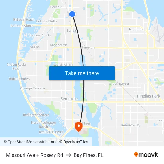 Missouri Ave + Rosery Rd to Bay Pines, FL map
