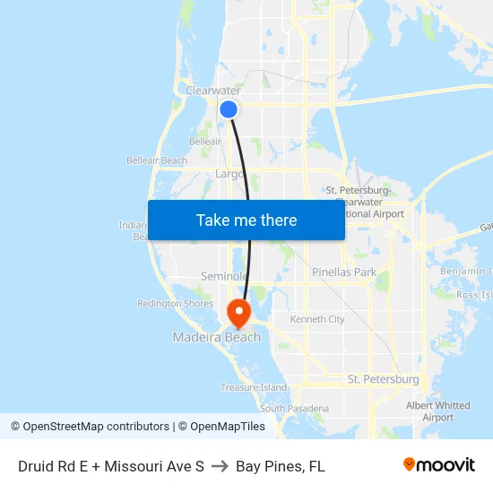 Druid Rd E + Missouri Ave S to Bay Pines, FL map