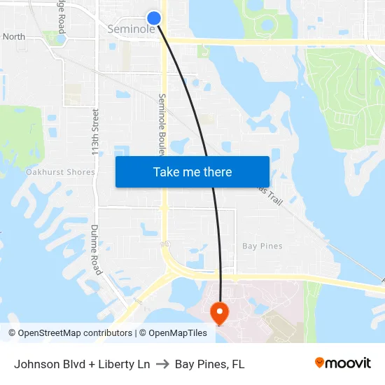 Johnson Blvd + Liberty Ln to Bay Pines, FL map