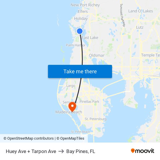 Huey Ave + Tarpon Ave to Bay Pines, FL map