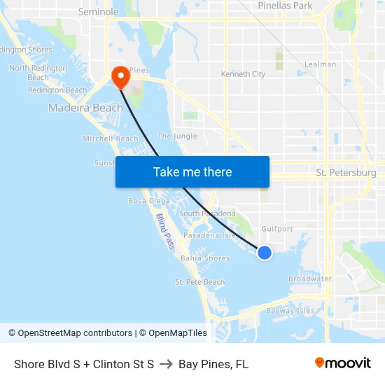 Shore Blvd S + Clinton St S to Bay Pines, FL map