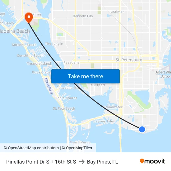 Pinellas Point Dr S + 16th St S to Bay Pines, FL map
