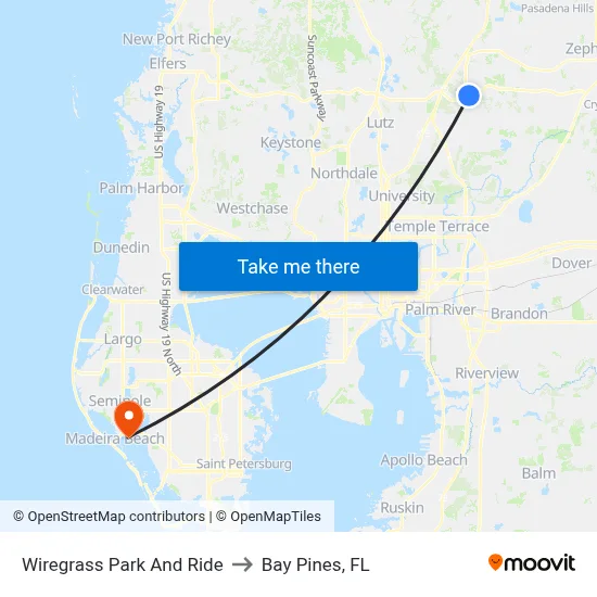 Wiregrass Park And Ride to Bay Pines, FL map