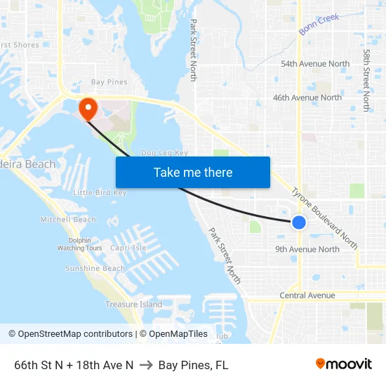 66th St N + 18th Ave N to Bay Pines, FL map