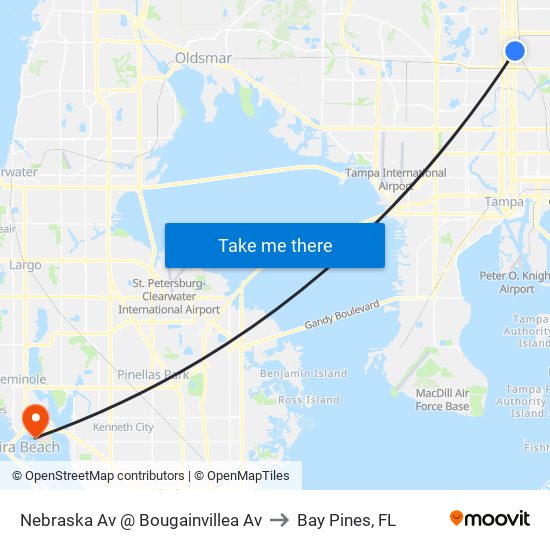 Nebraska Av @ Bougainvillea Av to Bay Pines, FL map