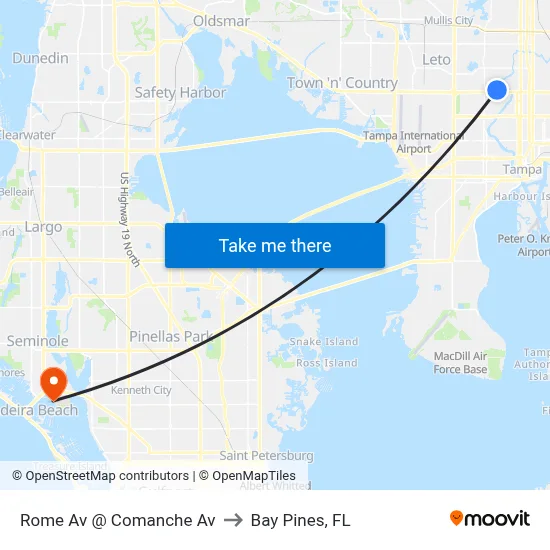Rome Av @ Comanche Av to Bay Pines, FL map