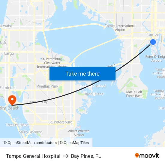 Tampa General Hospital to Bay Pines, FL map